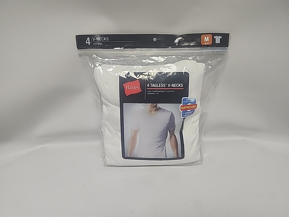 Hanes Tee Shirt Mens Medium 38-40 Wicking Cool Comfort 4 Tagless White V-Neck