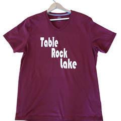 Upcycled Table Rock Lake T-shirt w/ Marinas & Landmarks Graphic, Magenta Size L