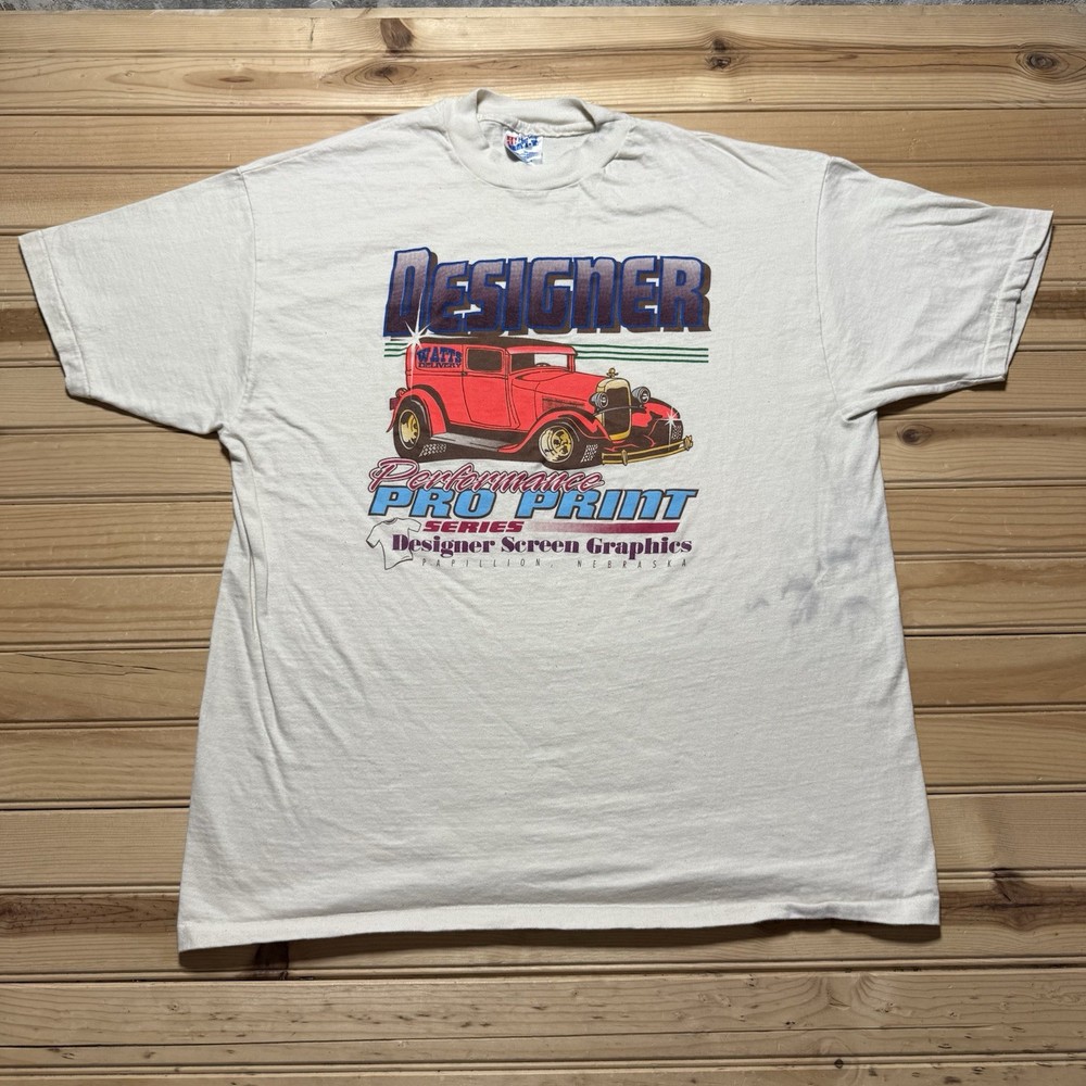 Vintage 90s Designer Screen Graphics Performance Pro Print Hot Rod Car Shirt- XL