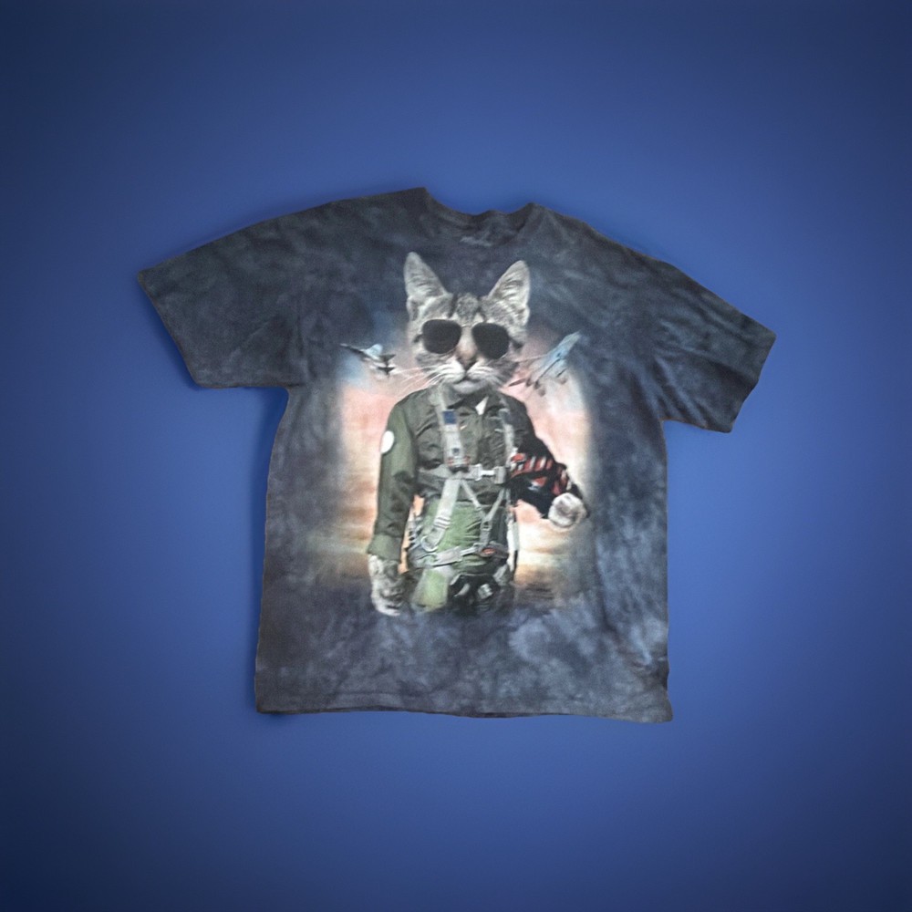 The Mountain Men’s XL Blue Tie-Dye Cat Military Graphic Cotton Crewneck T-Shirt