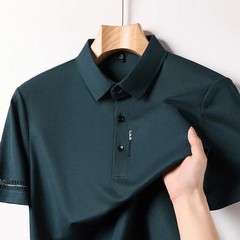 New Men’s Business Casual Short Sleeved Shirt with Badge Solid Color Polo Shirt