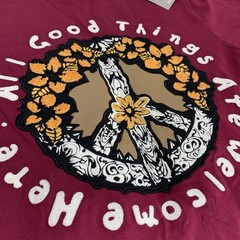 AGTAWH Mens T-Shirt Small 100% Cotton Floral Peace Sign Embroidered Burgundy Red