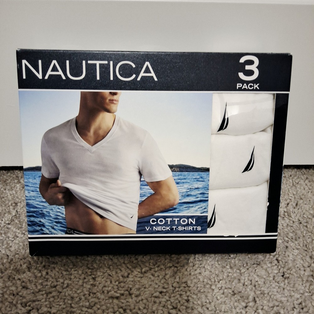 Nautica Men’s 3 Pack V-Neck Logo SuperSoft White T-Shirts Size Small New w/Tag