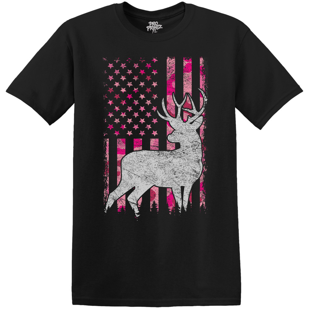 Pink Camo Deer American Flag T-Shirt – Choose Your Color & Size