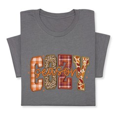 Cozy Season Fall T-Shirt – Autumn Plaid & Leopard Patchwork Tee