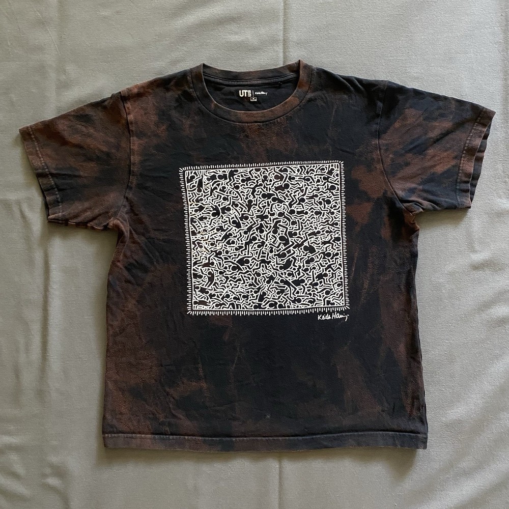 Uniqlo X Keith Haring T Shirt Mens Size Medium Black Bleach Dye Pop Art Artist