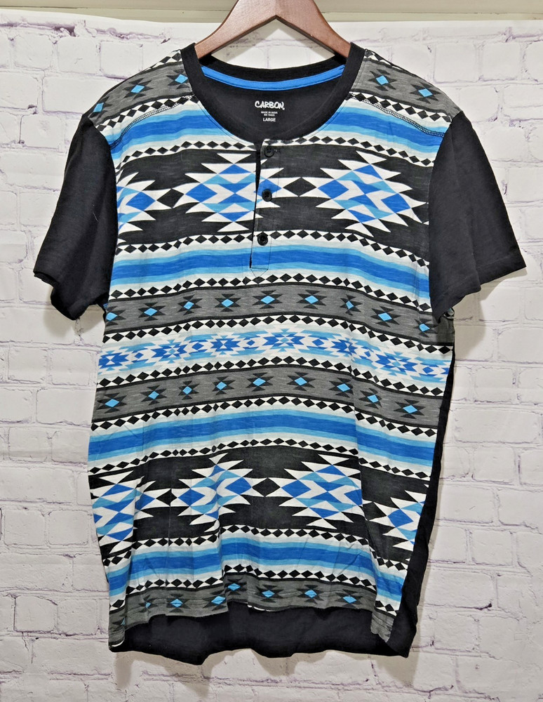 Carbon Mens Aztec Print Shirt Size L Short Sleeve Black Blue Button