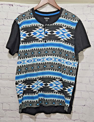 Carbon Mens Aztec Print Shirt Size L Short Sleeve Black Blue Button