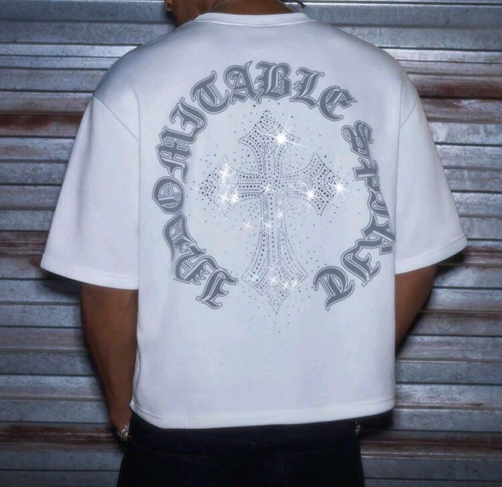 New Men Luxury Diamond Cross Rhinestones White T-Shirt High Quality