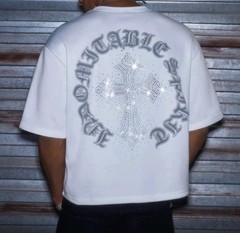 New Men Luxury Diamond Cross Rhinestones White T-Shirt High Quality