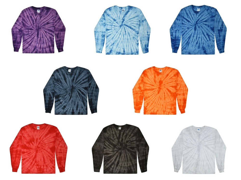 Tie Dye T-Shirts Long Sleeve Plain Colors Adult & Kids 100% Cotton Multi-Color