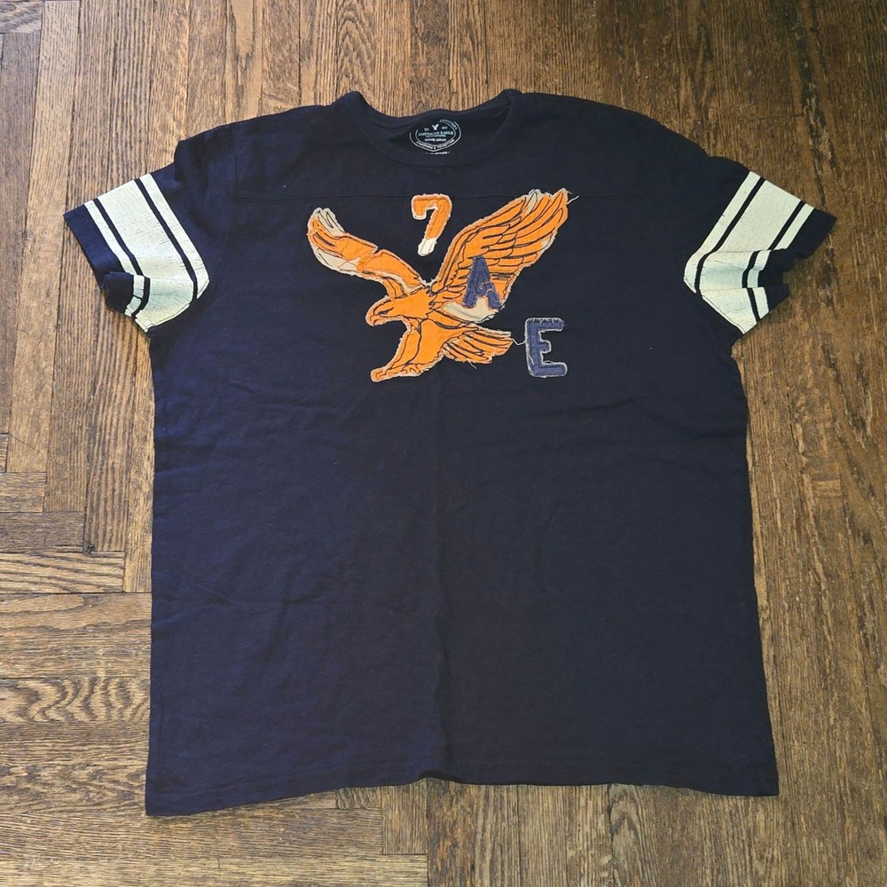 AMERICAN EAGLE Y2K Graphic T-Shirt Blue Vintage Fit Distressed Applique Mens L