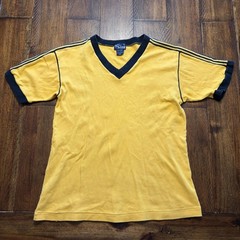 Sutton Place Shirt Mens Small Yellow Ringer Retro V Neck Stripe Trim Tee 70s