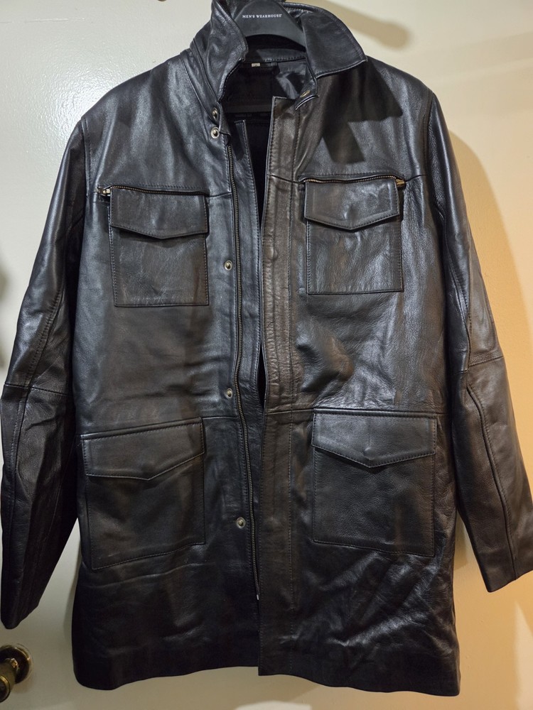 HIDE & THREAD Men’s Black Leather Full Zip Mid-Length Jacket w/ Pockets Sz S