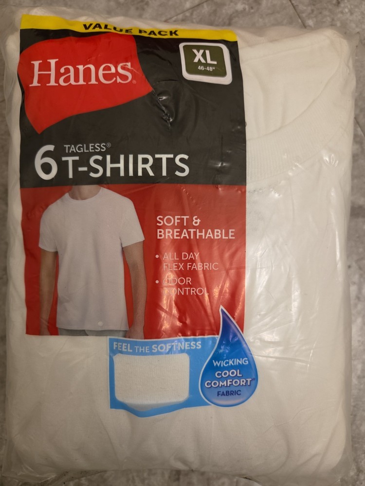 NEW! Hanes Mens XL White Crewneck 6 Pack Tagless Fresh IQ T-Shirt Tee Undershirt