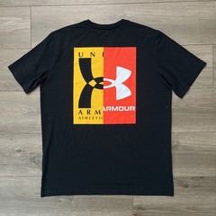 Under Armour Mens XL T Shirt Black Yellow Orange Split Graphic
