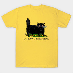 Oh Lawd She Feral T-Shirt Funny Gadsden Flag Parody Black Cat Knife Graphic Tee