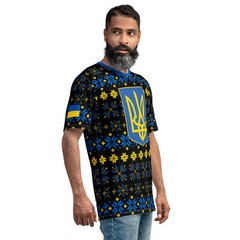 Ukraine Folk Art Pattern Men’s AOP T-Shirt, Trident & Flag Design
