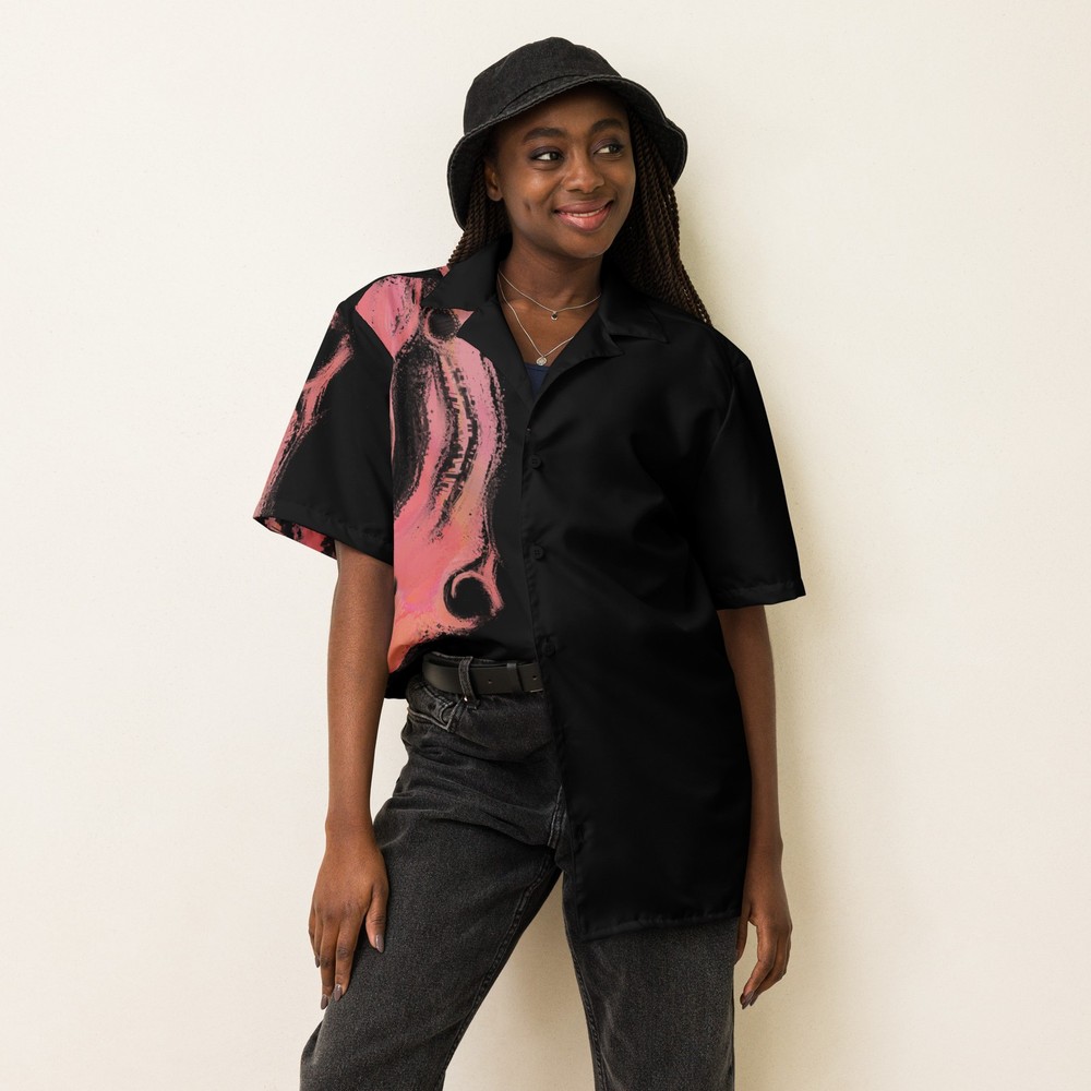 STRAWBERRY VOID Organic Abstract pink and black design button shirt