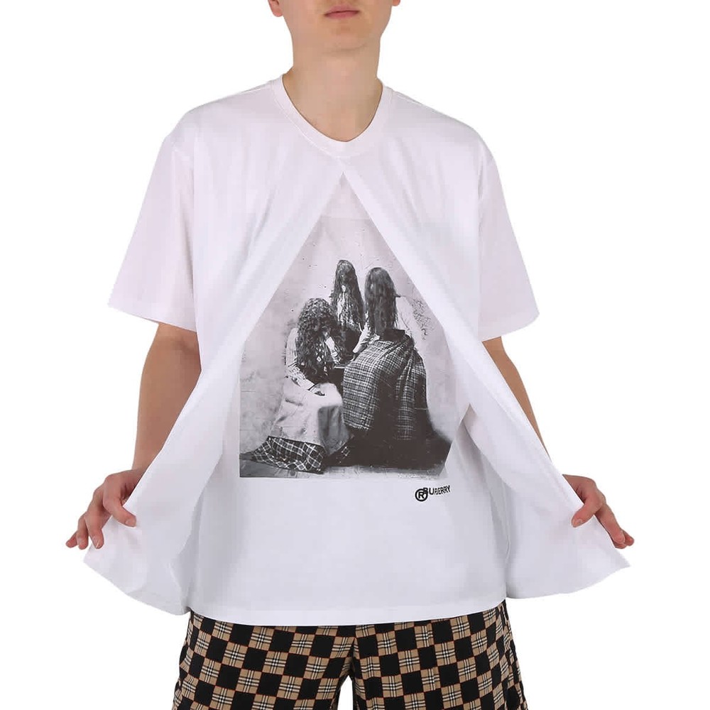 Burberry Mens White Portrait Print Cotton Oversized T-shirt, Brand Size XX-Small