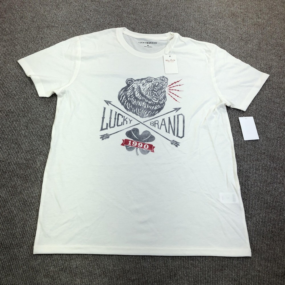 Lucky Brand Shirt Mens Medium White Bear 1990 Clover Arrows Graphic Crewneck Tee