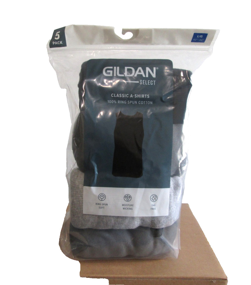 New Men’s Gildan Select 5 Pack Tag Free Black Cotton A-Shirts Tank Tops Lg 42-44