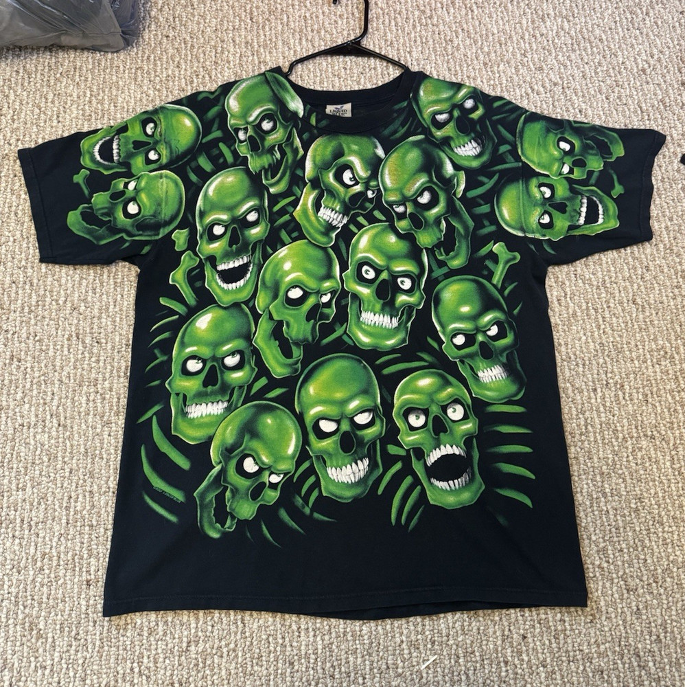 GRAIL Vintage Liquid Blue “Skull Pile” All Over Print Glow In Dark Tee Size XL