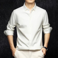 Spring Mens Long Sleeve Shirt Silk Cotton Business Casual Formal Slim Fit Shirts