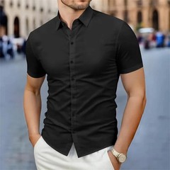Men Shirt Short Sleeve Solid Color Business Casual Summer Wrinkle Free Top Soft