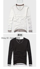 Hot Mens Long-Sleeved T-Shirts New Cotton V-Neck Solid Color Casual Slim Tops