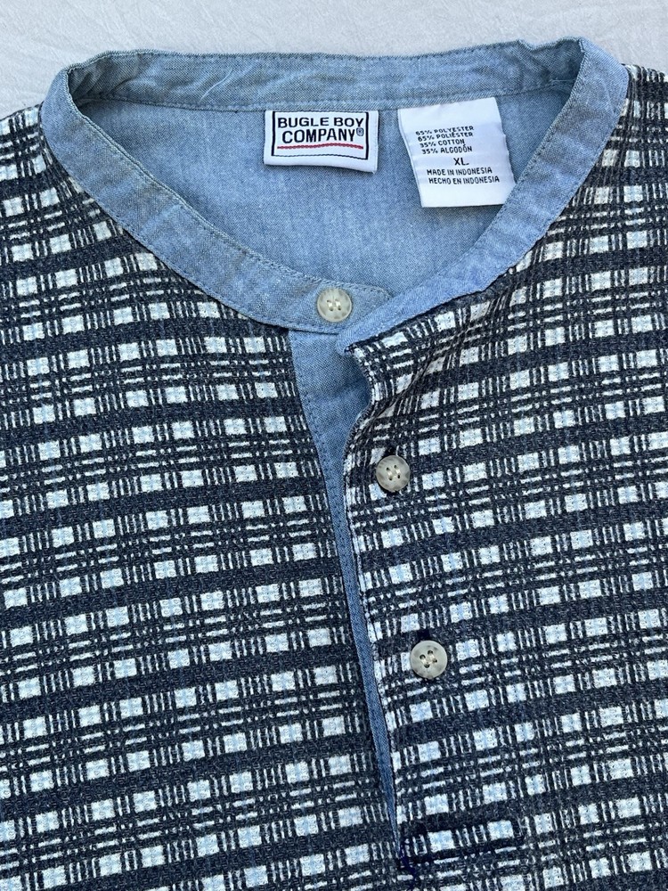 VTG Bugle Boy Henley Men XL Gray Gingham Ribbed Short Sleeve Mandarin Collar
