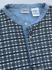 VTG Bugle Boy Henley Men XL Gray Gingham Ribbed Short Sleeve Mandarin Collar