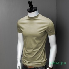 Fashion Summer Men’s Half High Collar Silk Cotton Short Sleeved T-shirt Slim Fit