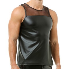 Mens Stretchy Faux Leather Tank Tops Vest Muscle Undershirts Sleeveless Clubwear