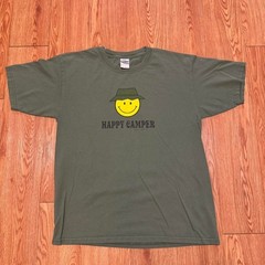 Happy Camper Men’s Shirt Smiley Face Vintage Green Outdoors Hiking Size Large