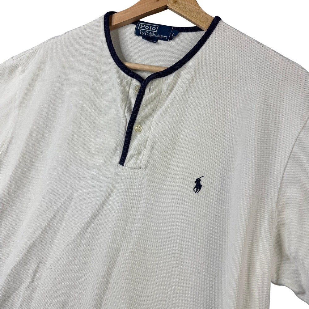 Polo Ralph Lauren Vintage Large White Henley Short Sleeve Pique T-Shirt L Trim