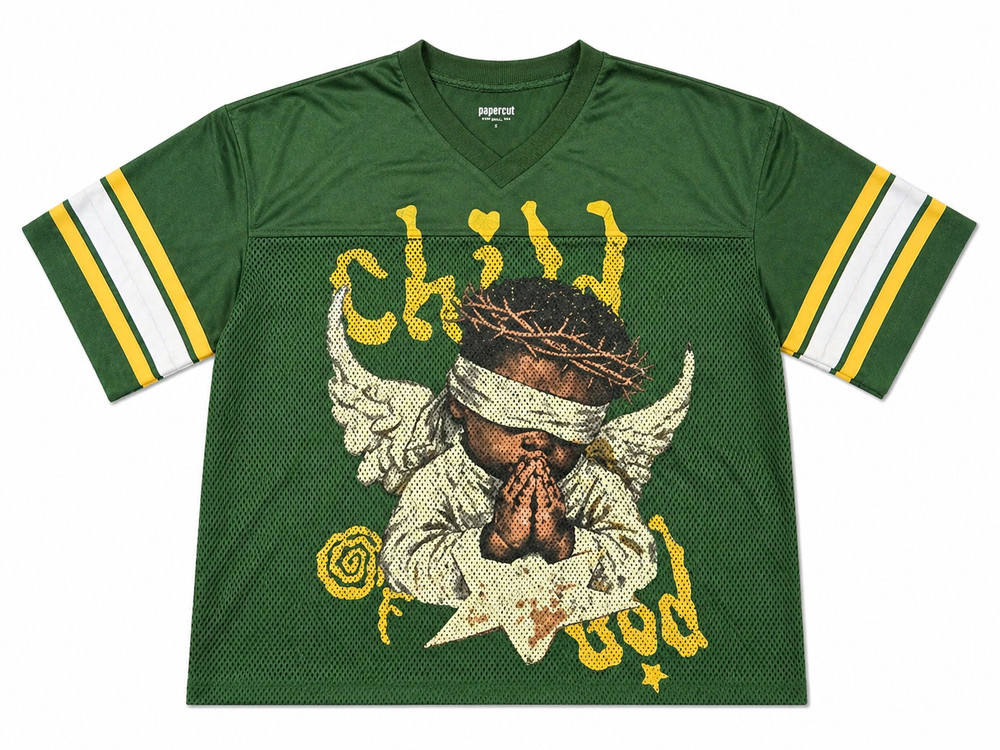 Men’s Oversized Cropped Mesh Jersey Green Streetwear Graphic Hip Hop Shirt