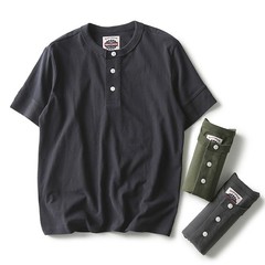 American Summer New Mens Cotton Henry Collar Retro Casual Short-Sleeved T-Shirt
