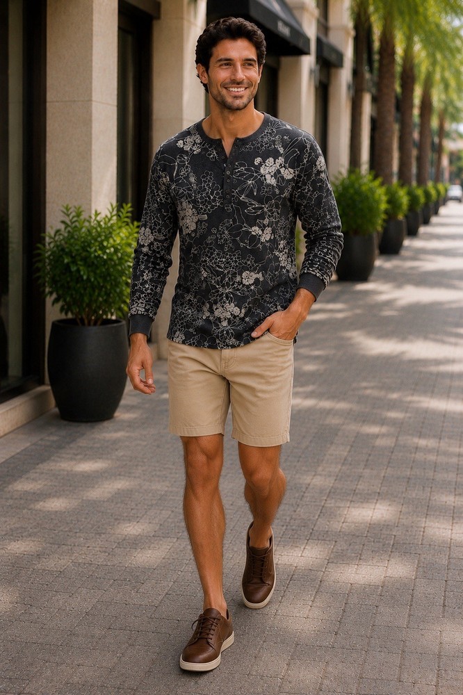 BONOBOS Henley Shirt Men XL Long Sleeve Tropic Floral Resort Weekend Casual Gray