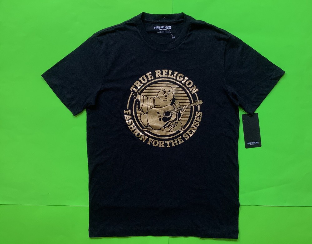 TRUE RELIGION Mens Short Sleeve T-Shirt Size XL Black with Gold 100% Cotton NEW
