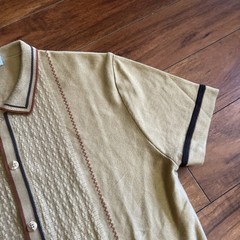 Stacy Adams Full Button Up Brown Polo Dress Shirt Men’s L Knit Embroidered Retro