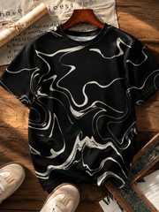 Men’s Round Neck Tee, Black White Marble Swirl Print, Casual Street Short Sleeve