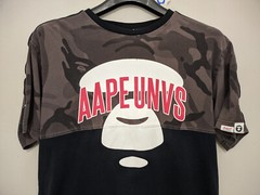 A Bathing Ape Shirt Mens L Black Ape Face Camo Panel Tee Taped Sleeve Contrast