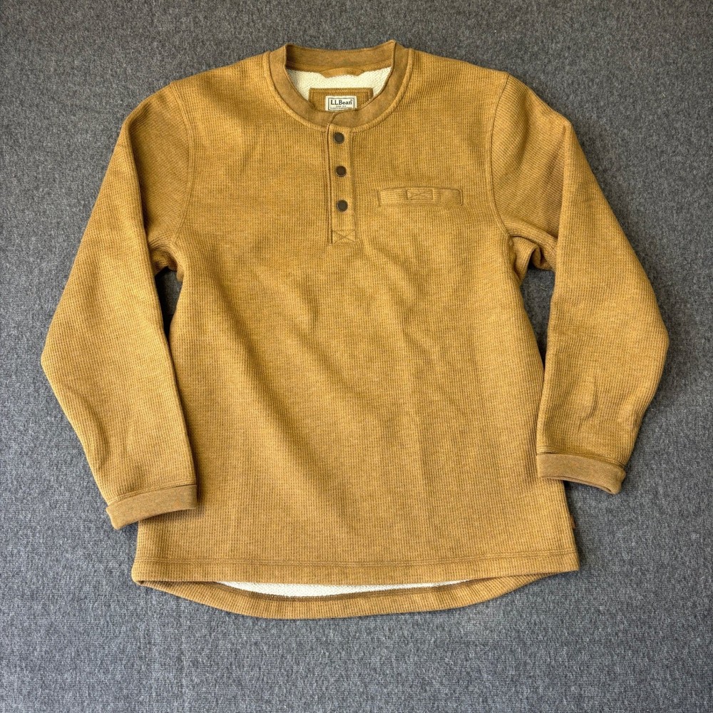 LL Bean Mens Waffle Knit Henley Shirt Mustard Yellow Fleece Lined 298100 Medium