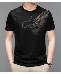 New Men Fashion Trend Dragon Rhinestones Hot Drill Short Sleeve Summer T-Shirt