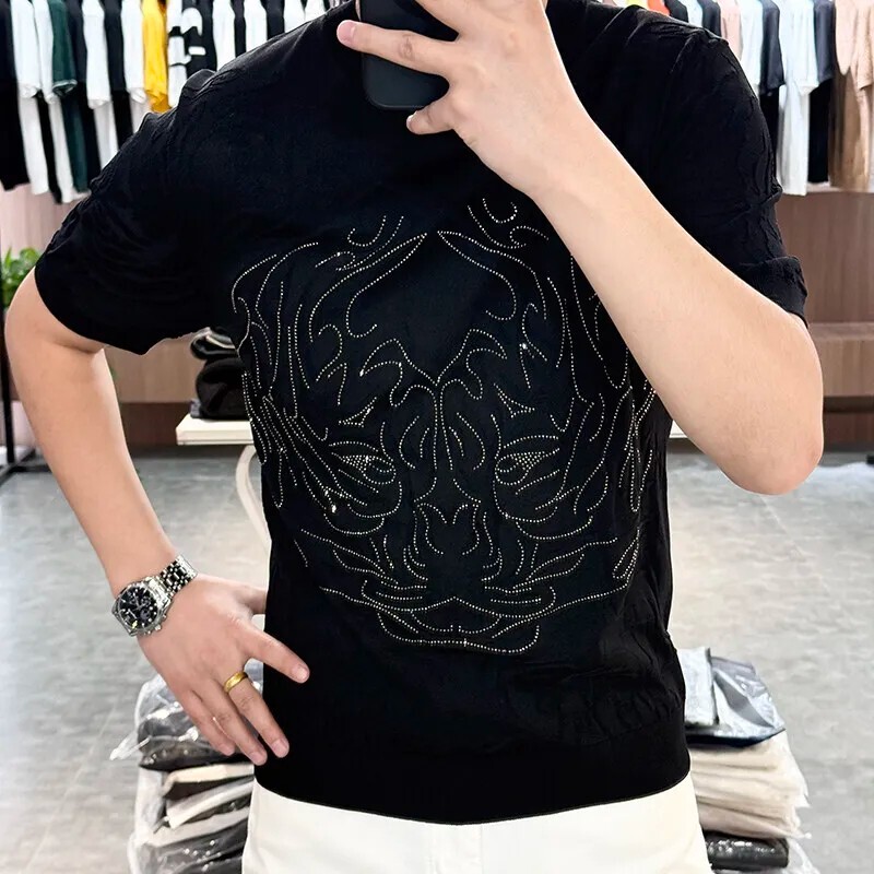 New Men Luxury Tiger Rhinestones Fashion T-Shirt High Quality 3 Colors