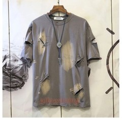 Men’s Punk Rock Distressed T-Shirt Safety Pin Hollow Out High Street Hip Hop Top