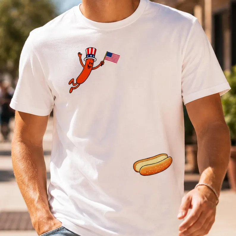 Funny 4th of July Hot Dog T-Shirt Uncle Sam Patriotic BBQ Graphic Tee