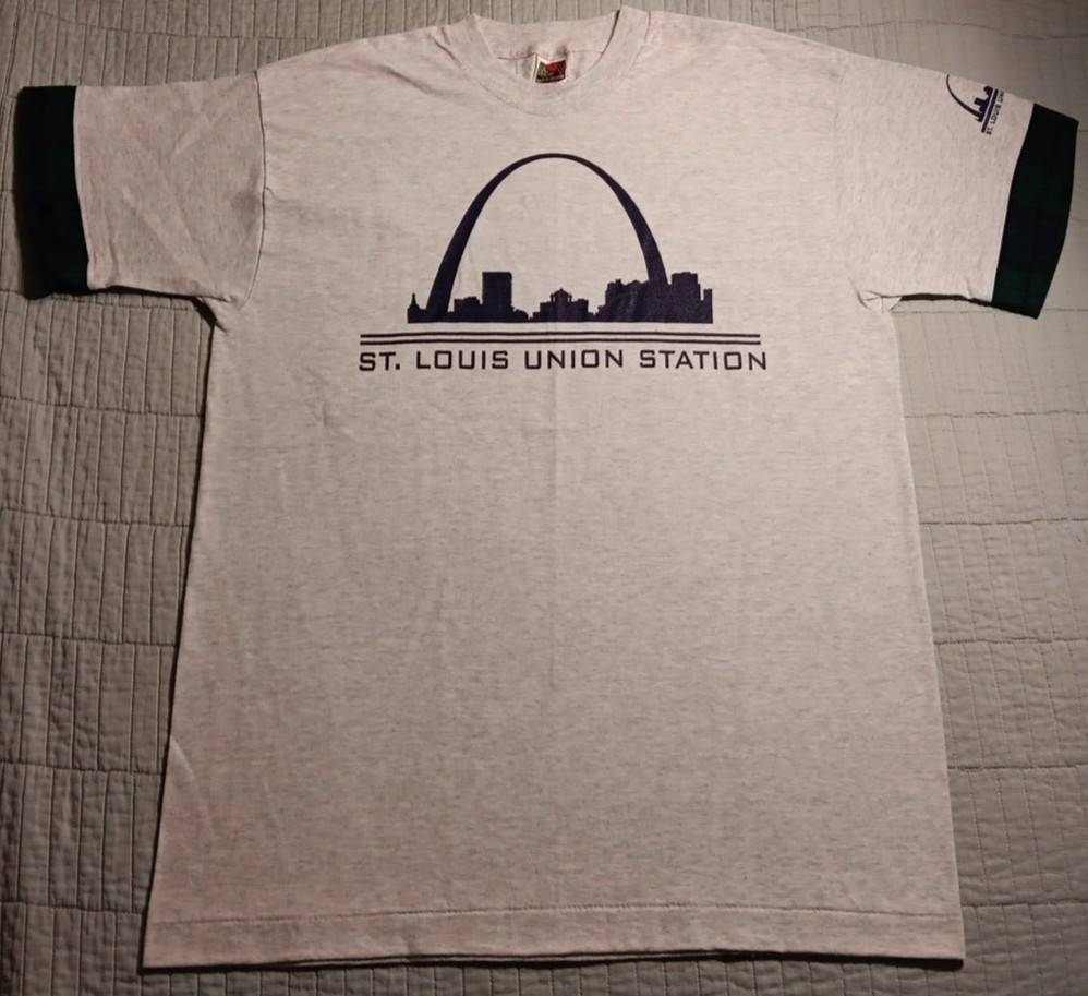 Vtg Lg FOTL St. Louis Union Station Graphic Single Stitch T Shirt W/ Flanel Cuff