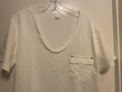 Men’s White Stretch Deep Scoop Neck T-Shirt Flap Pocket Boxy FIt Size Small NWOT